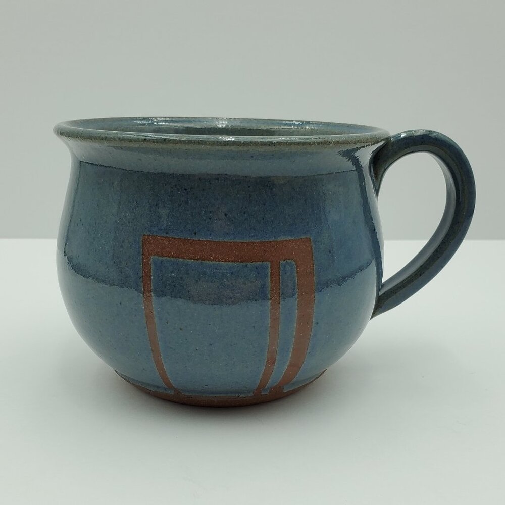 Blue Pottery Mug Large Round Signed Blue Ceramic Pottery Mug